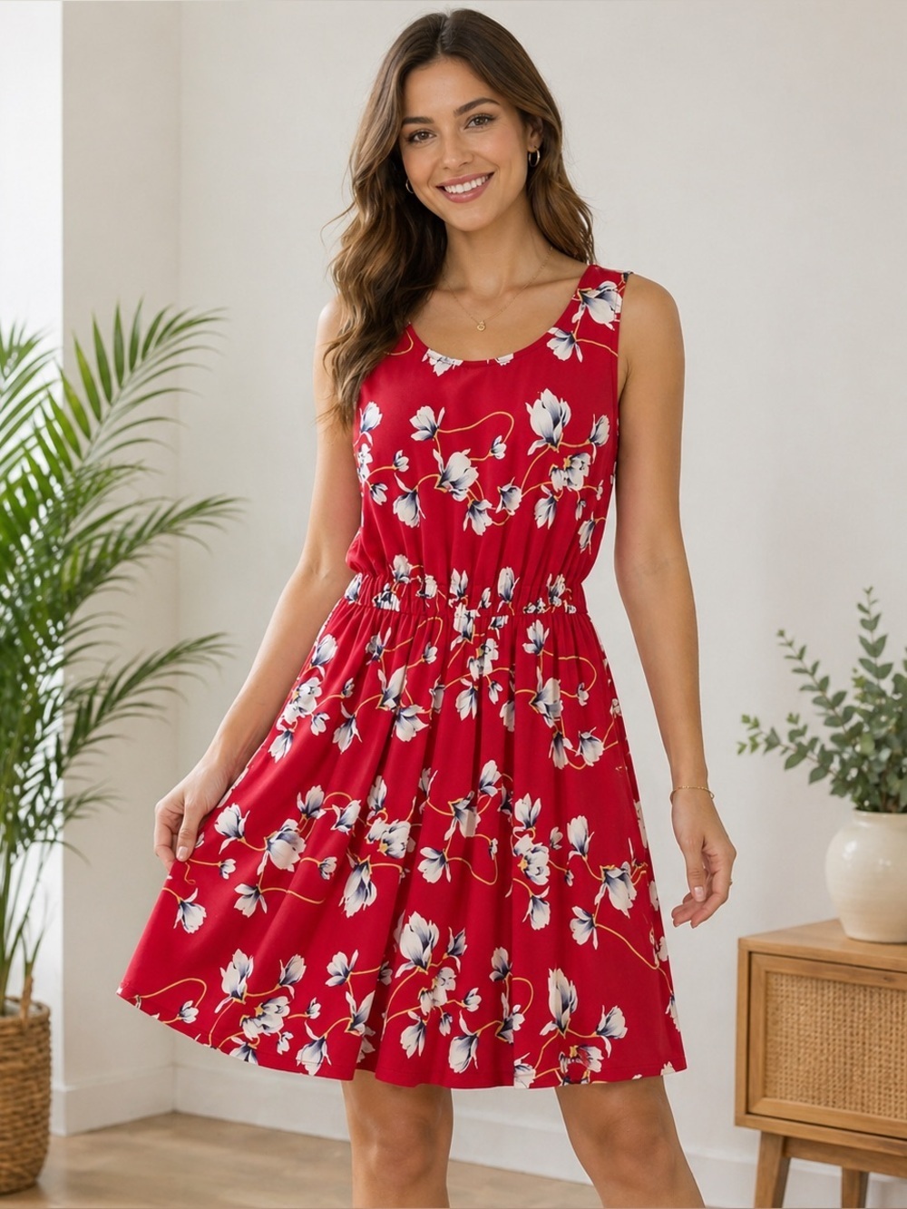 French Grey Red Floral Sleeveless Fit & Flare Dress Stretch Summer Large
